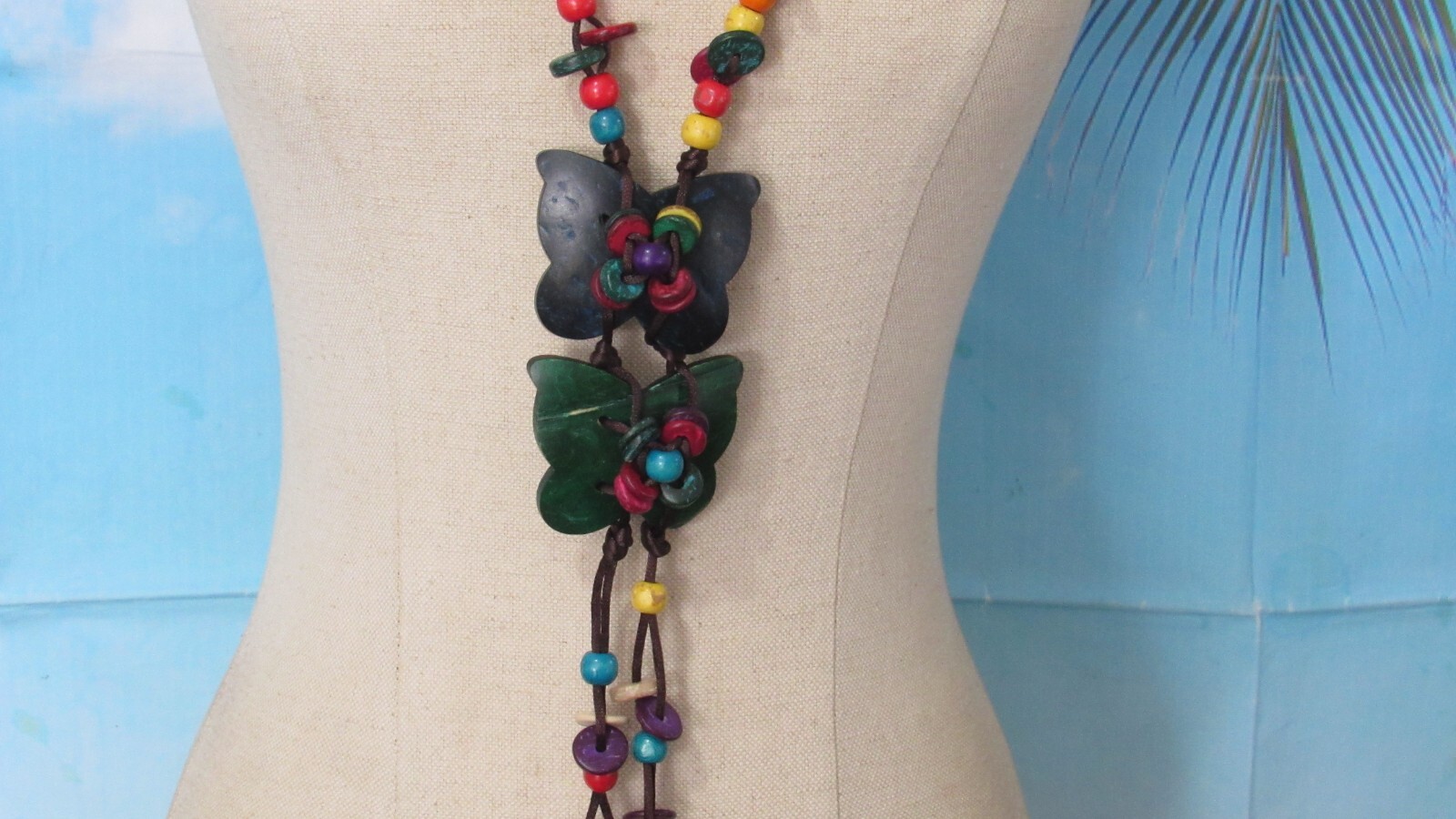 Brown Cord Necklace with Multicolor Wood Beads & 2 Wood Butterflies 32″