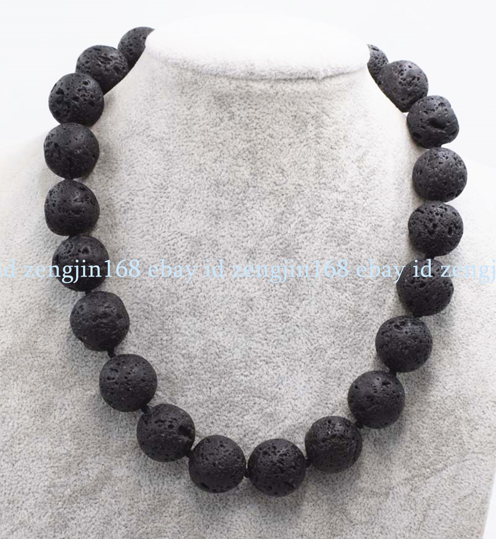 Huge 14mm Natural Black Volcanic Lava Rock Round Gemstone Beads Necklace 18″ AAA