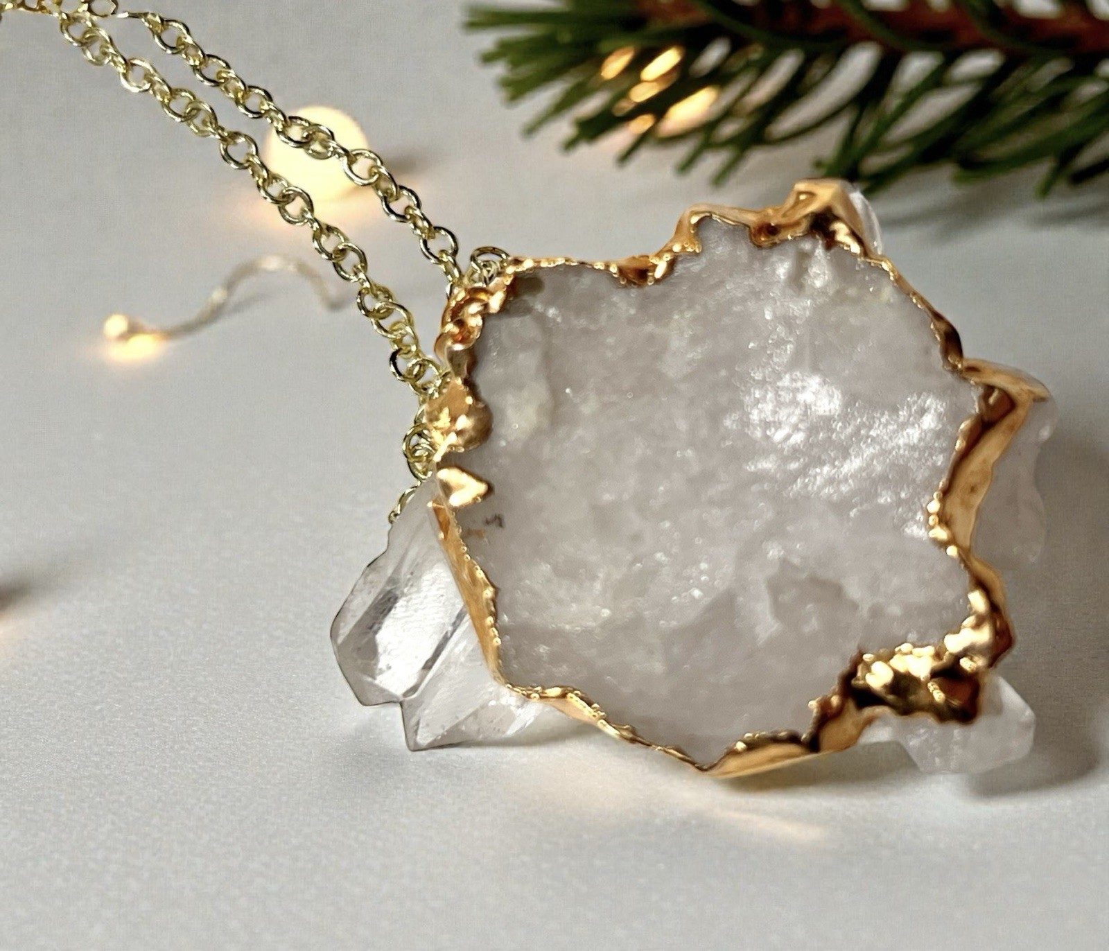 Semi Clear Quartz Cluster Pendant Necklace with a Gold-Toned Chain 32”