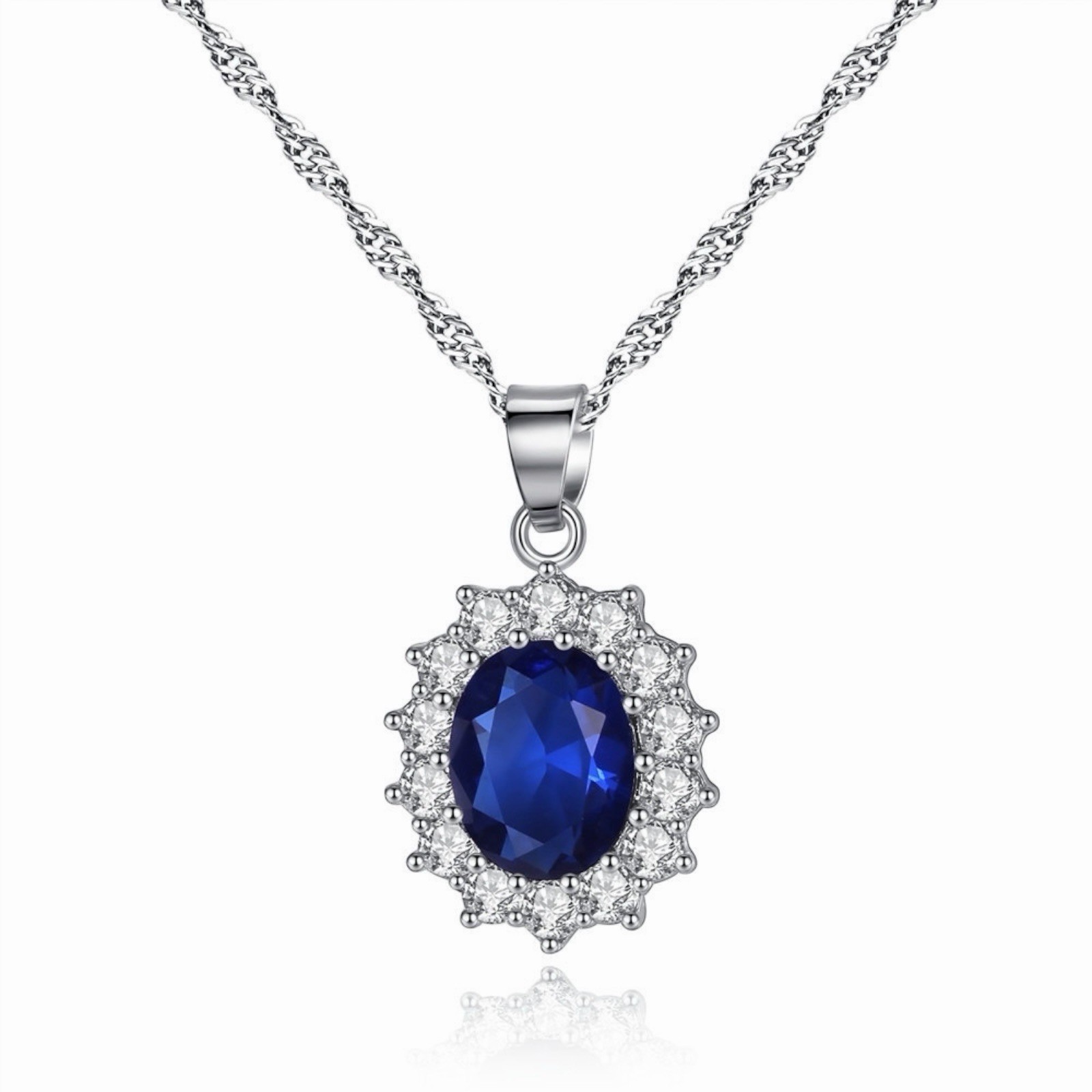 Fashion Women 925 Sterling Silver Necklace Crystal Simulated Sapphire Style A75