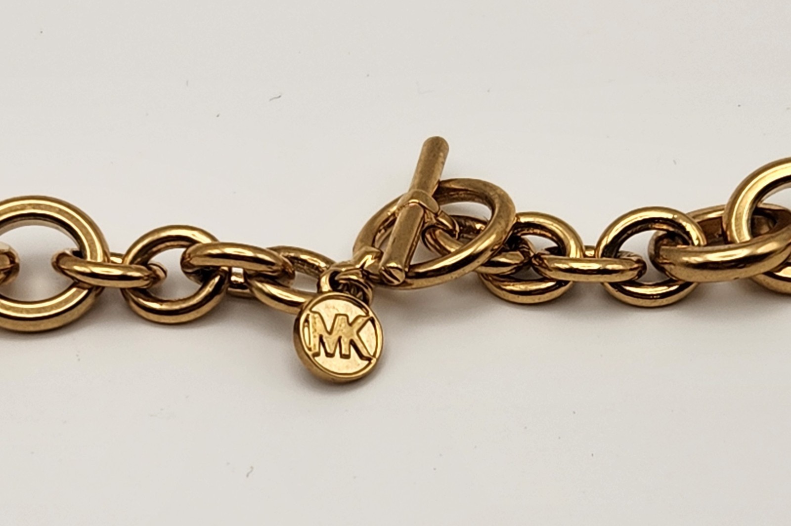 Michael Kors Gold Tone 26″ Rolo Link Necklace Crystal Pave Toggle Statement