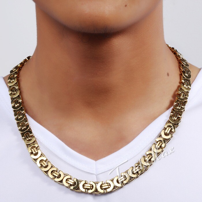 11mm Mens Boys Chain Gold Plated Flat Byzantine Stainless Steel Necklace 18-30″