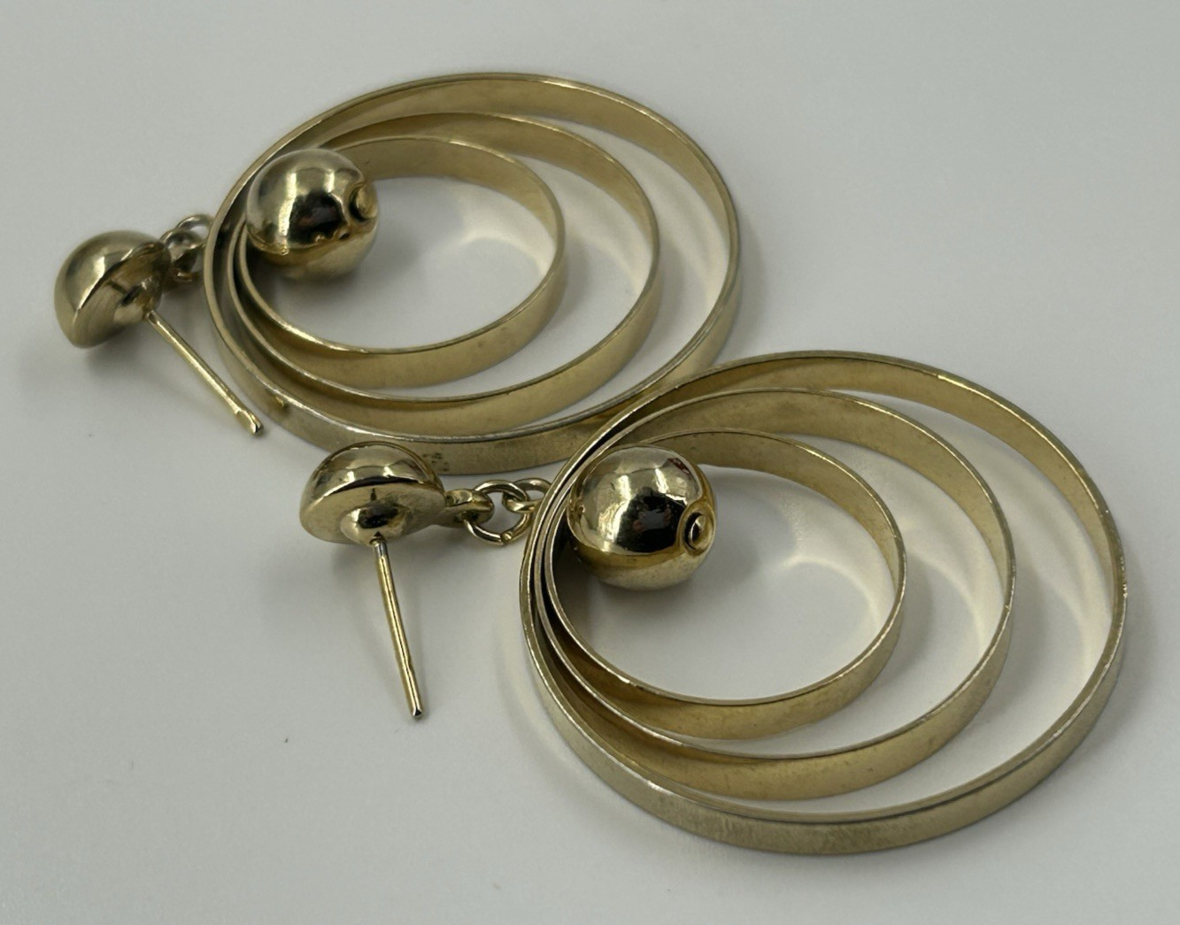 Gold Tone Triple Hoop Dangle Earrings Polished Gold Tone Pierced 1 3/4 Inch