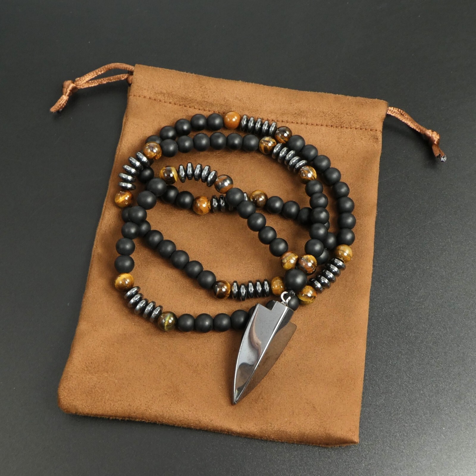 Tiger Eye Matte Black Onyx Hematite Arrowhead Pendant 29″ Long Necklace Man Gift