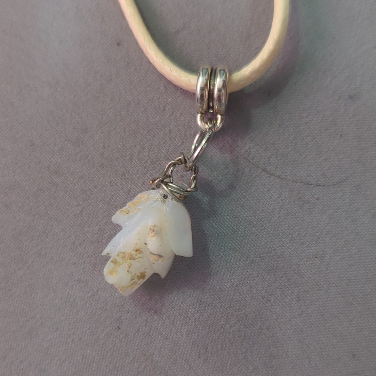 White Cord Necklace With Opal Leaf Pendant