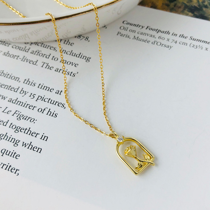 Women18K Gold Vase Rose Love Flower Pendant Necklace Sterling Silver 15-17″ D21