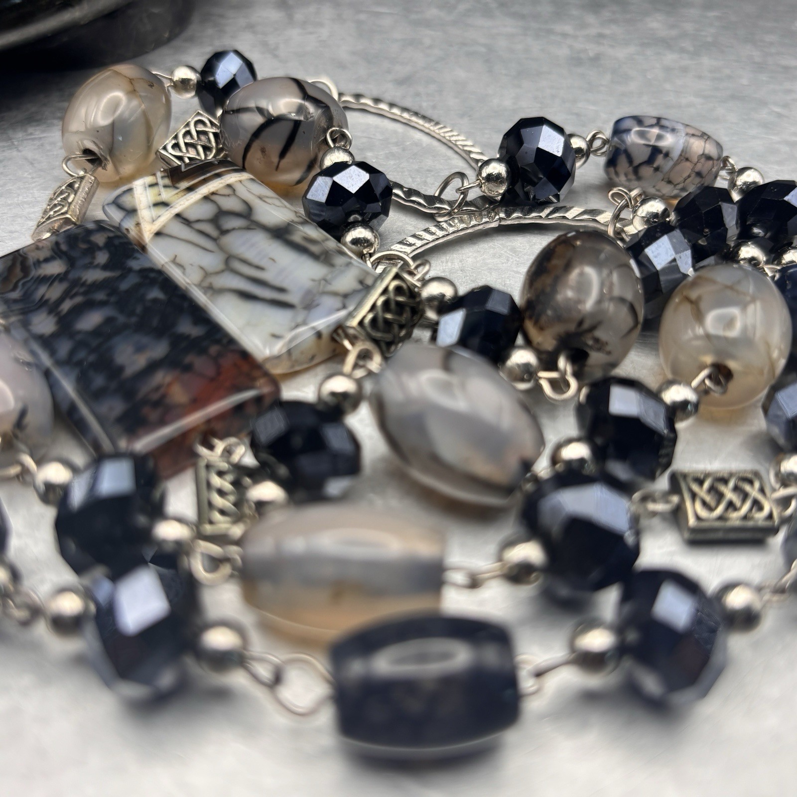 Vintage Boho Long Silver Chain Necklace Mixed Grey Black Agate Stone Beads 32”