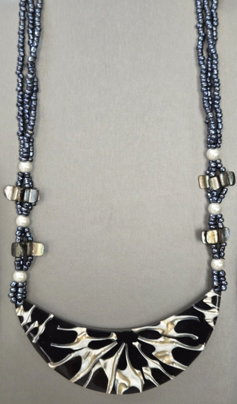 Black Beaded Moon Shell Multi Strand Necklace 22 Inches
