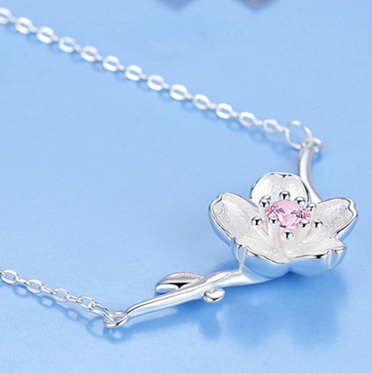 Silver sakura cherry flower Pink Crystal pendant necklace 18″ Chain gift box S5