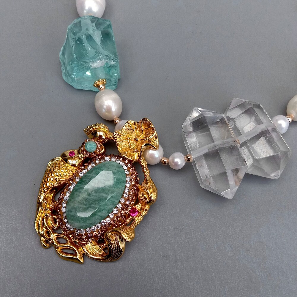 Cultured White Pearl Quartz Double Point Necklace Green Amazonite Cz Pendant
