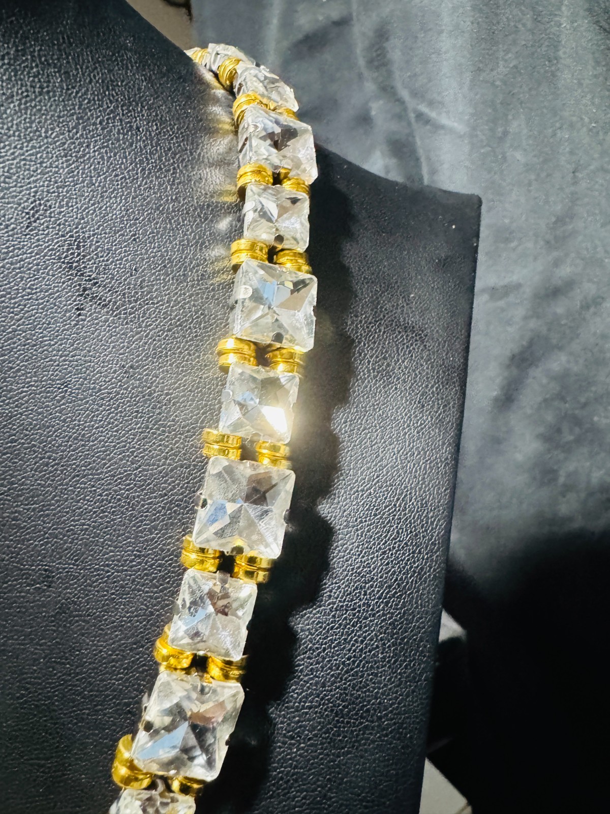 White Colorless 12mm and 10mm Rhinestone Necklace Gold Trim 18.5 in + 2 in