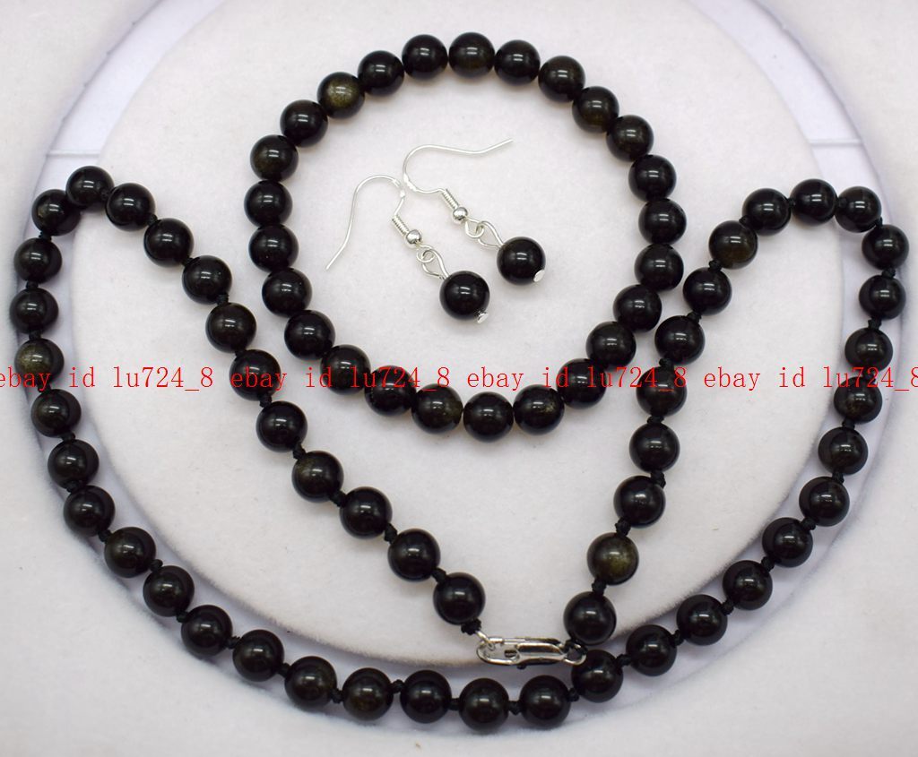 Fashion 6/8/10mm Gold Odsidian Round Gems Beads Necklace Bracelet Earrings Set
