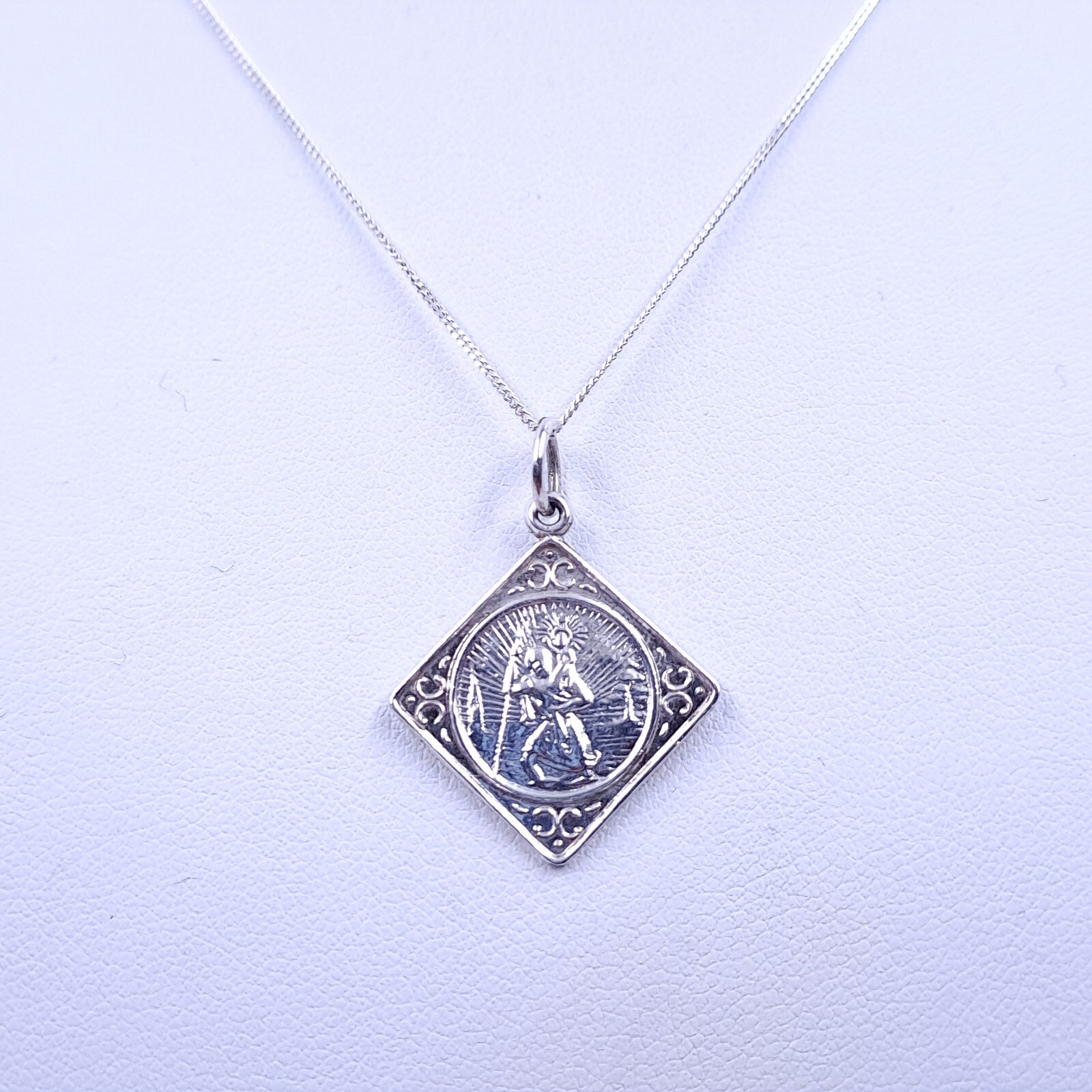 Necklace 925 Sterling Silver St Christopher Pendant Offset Square 40cm 16 inches