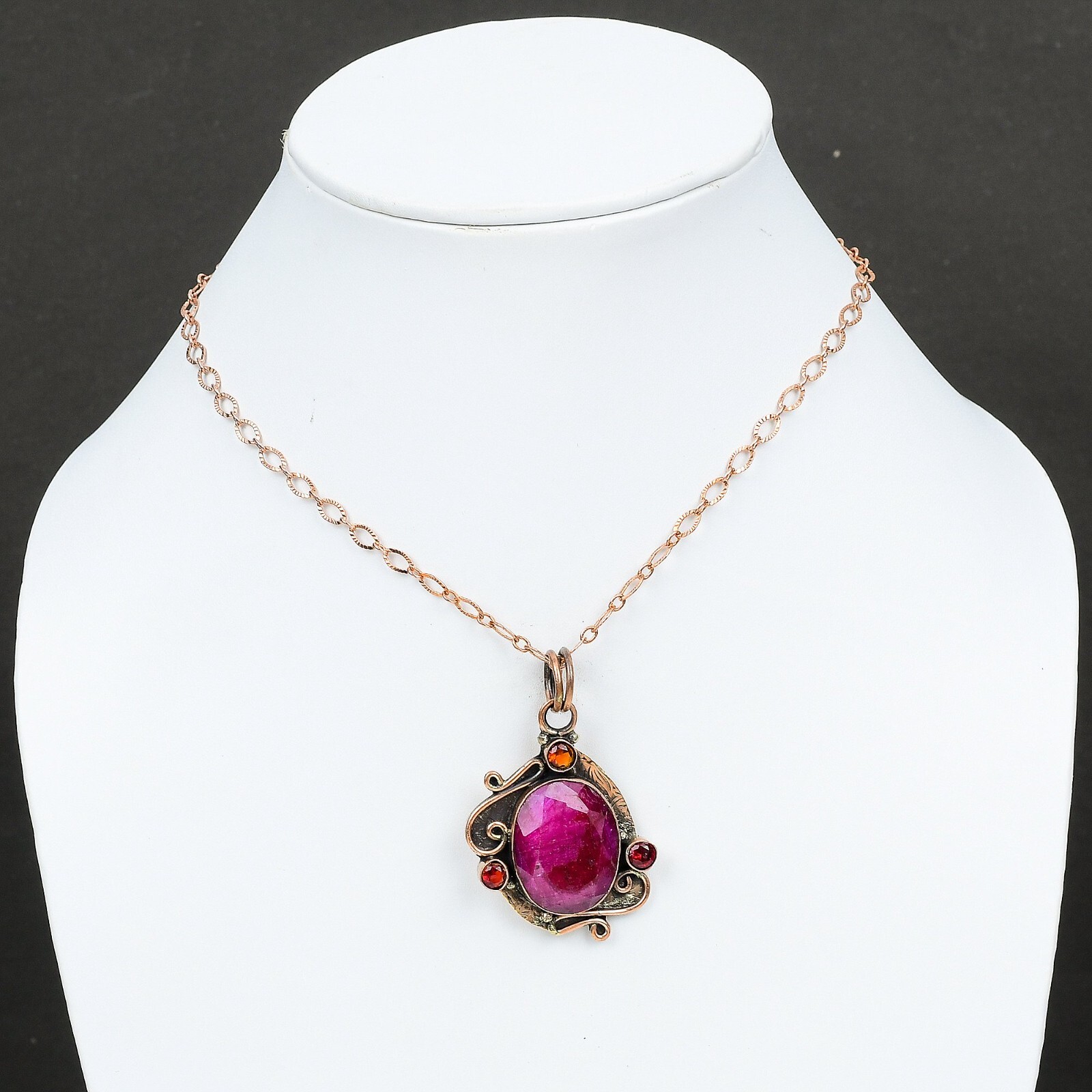 Valentines Deal Copper Oval Natural Kashmir Rubi Mozambique Garnet Boho Pendant
