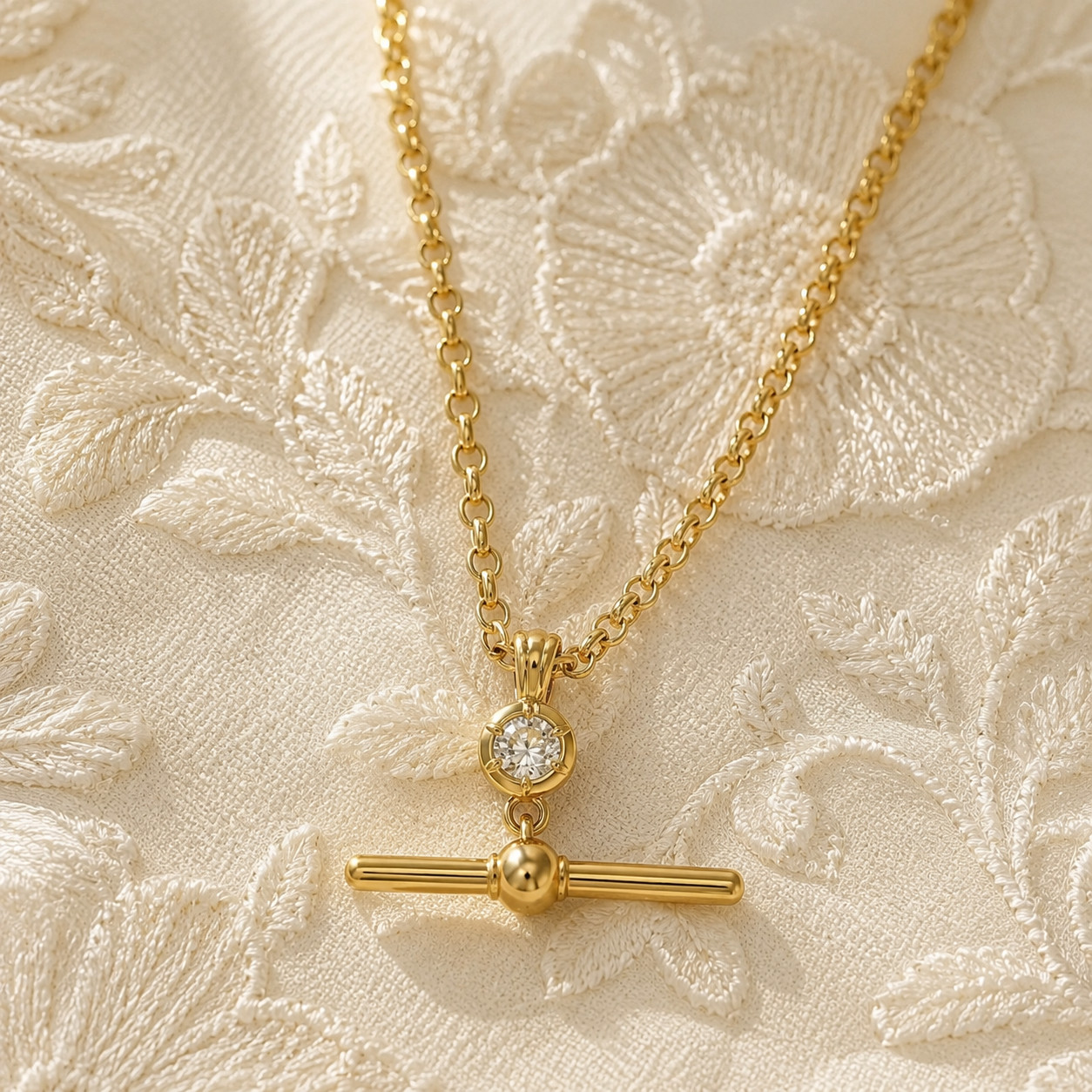 Rolo Chain Necklace Brass Metal T Bar Pendant with cz necklace for gift
