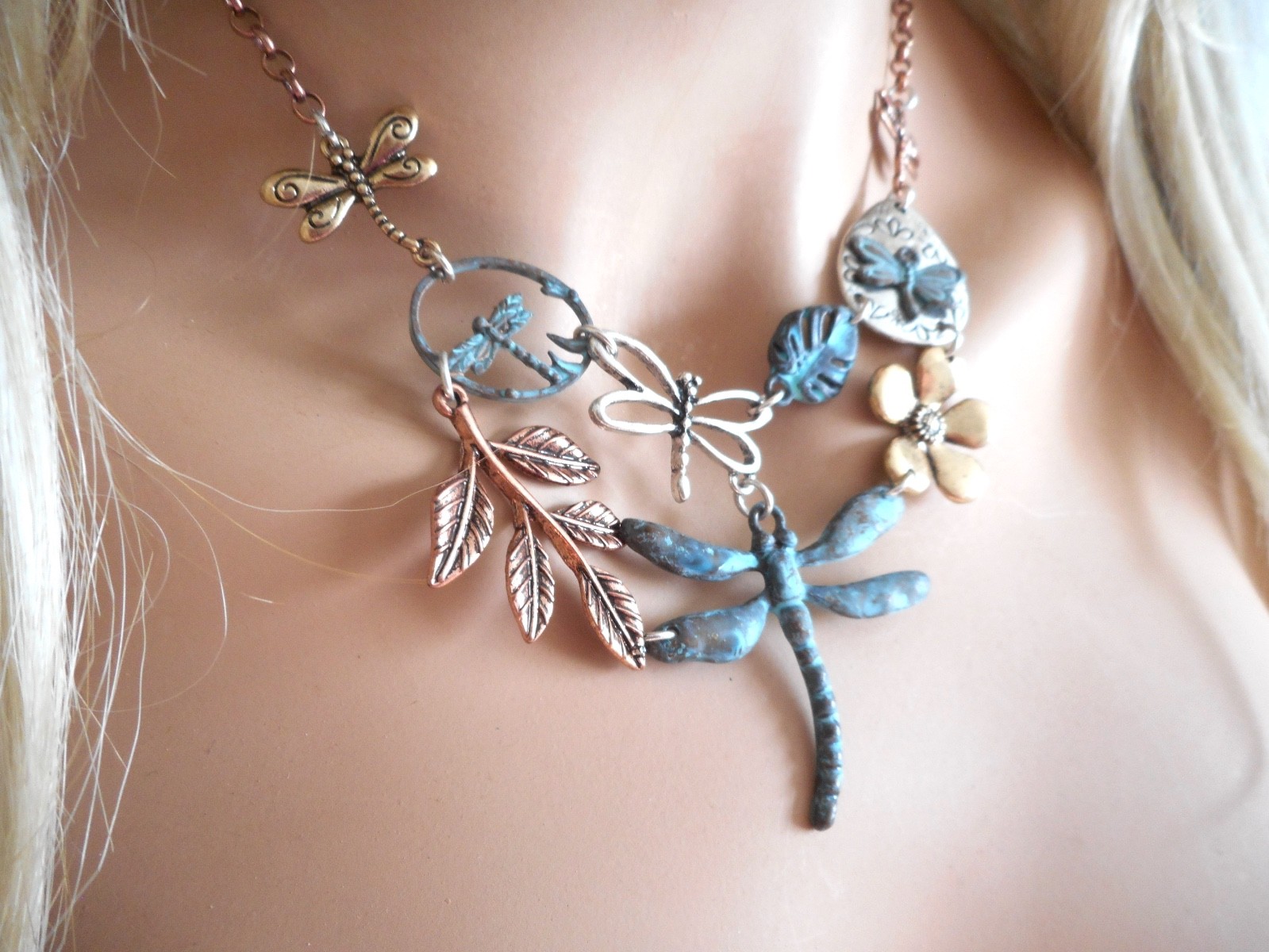 New Dragonfly & Daisies Earrings & Necklace Set Artistic Flowered Copper
