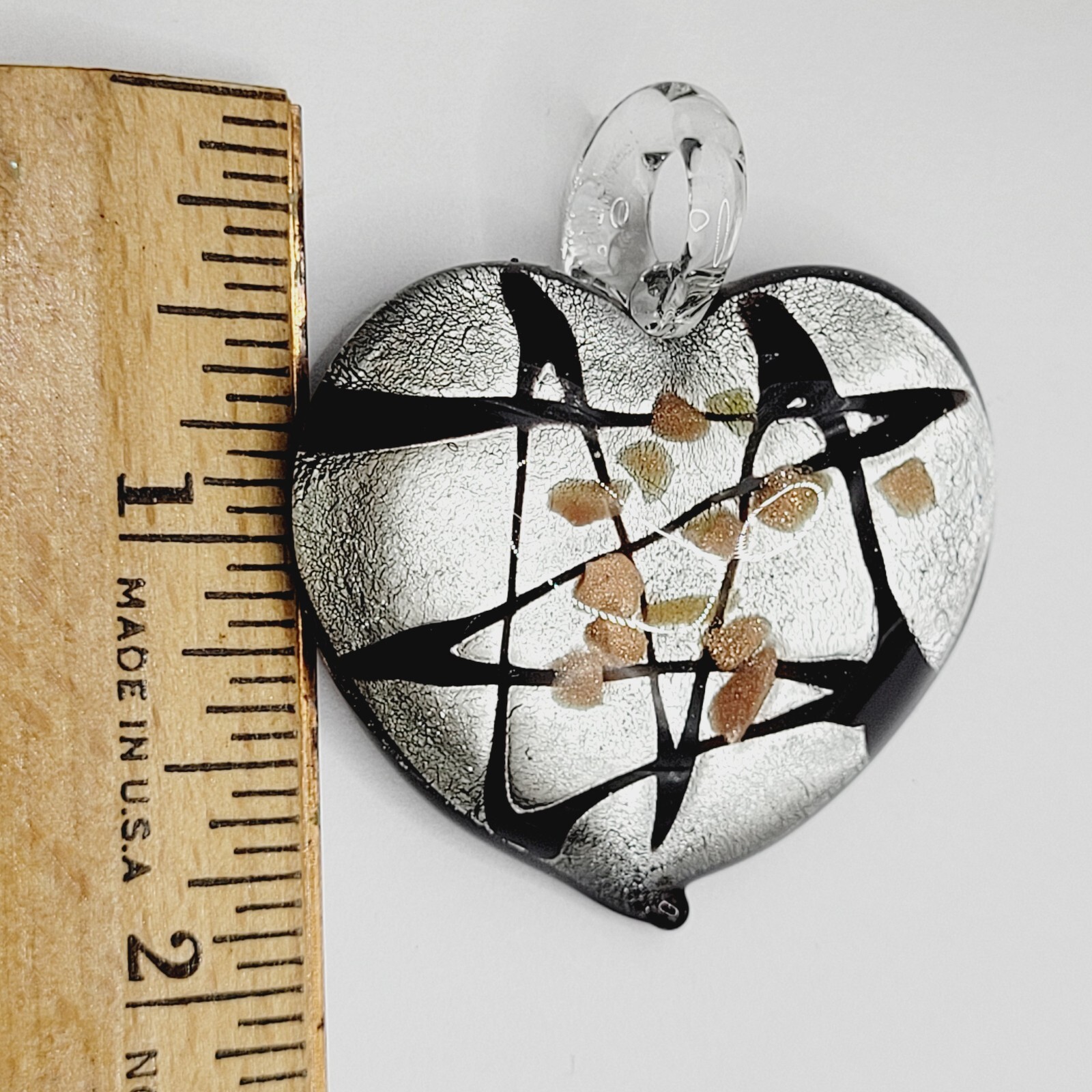Artisan Modern Art Glass Heart Pendant Silver Black Gold Color Foiled Glitter