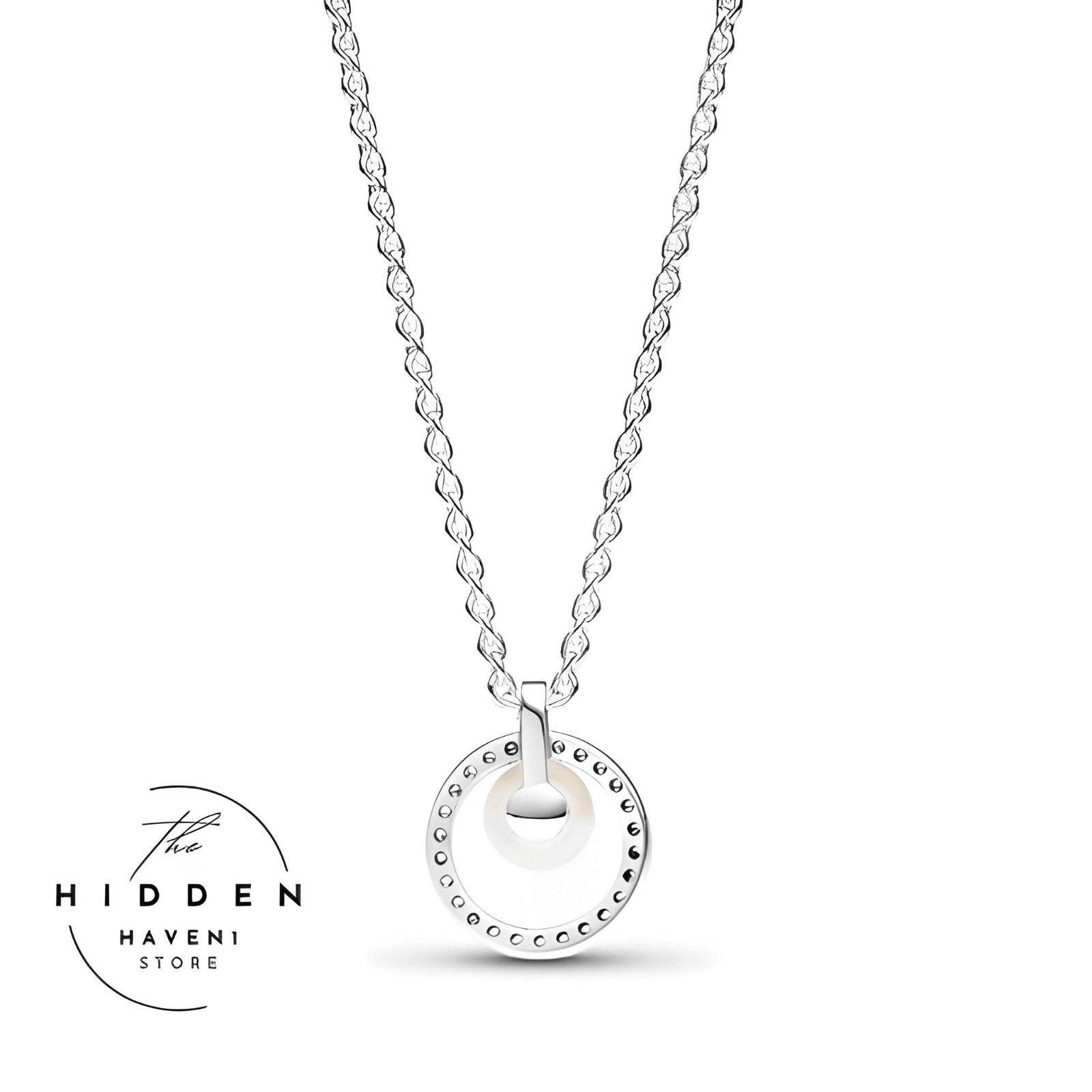 Silver Pearl Circle Necklace CZ Halo Pendant Dainty Gift for Women Bridal