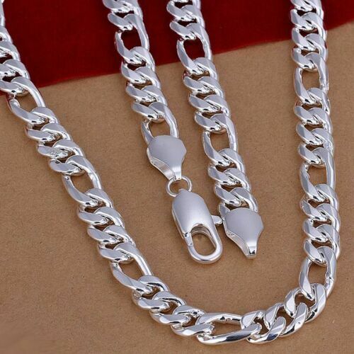 18″ – 24″ Mens 925 Sterling Silver 12mm Width Figaro Cuban Link Chain Necklace