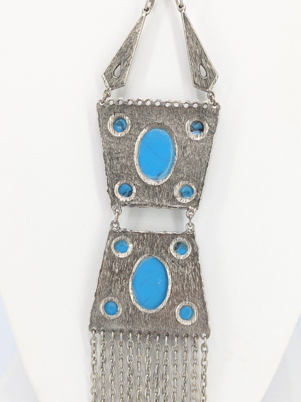 Vintage Fringe Pendant Necklace Faux Turquoise Silver Tone SW Boho 29in Tribal