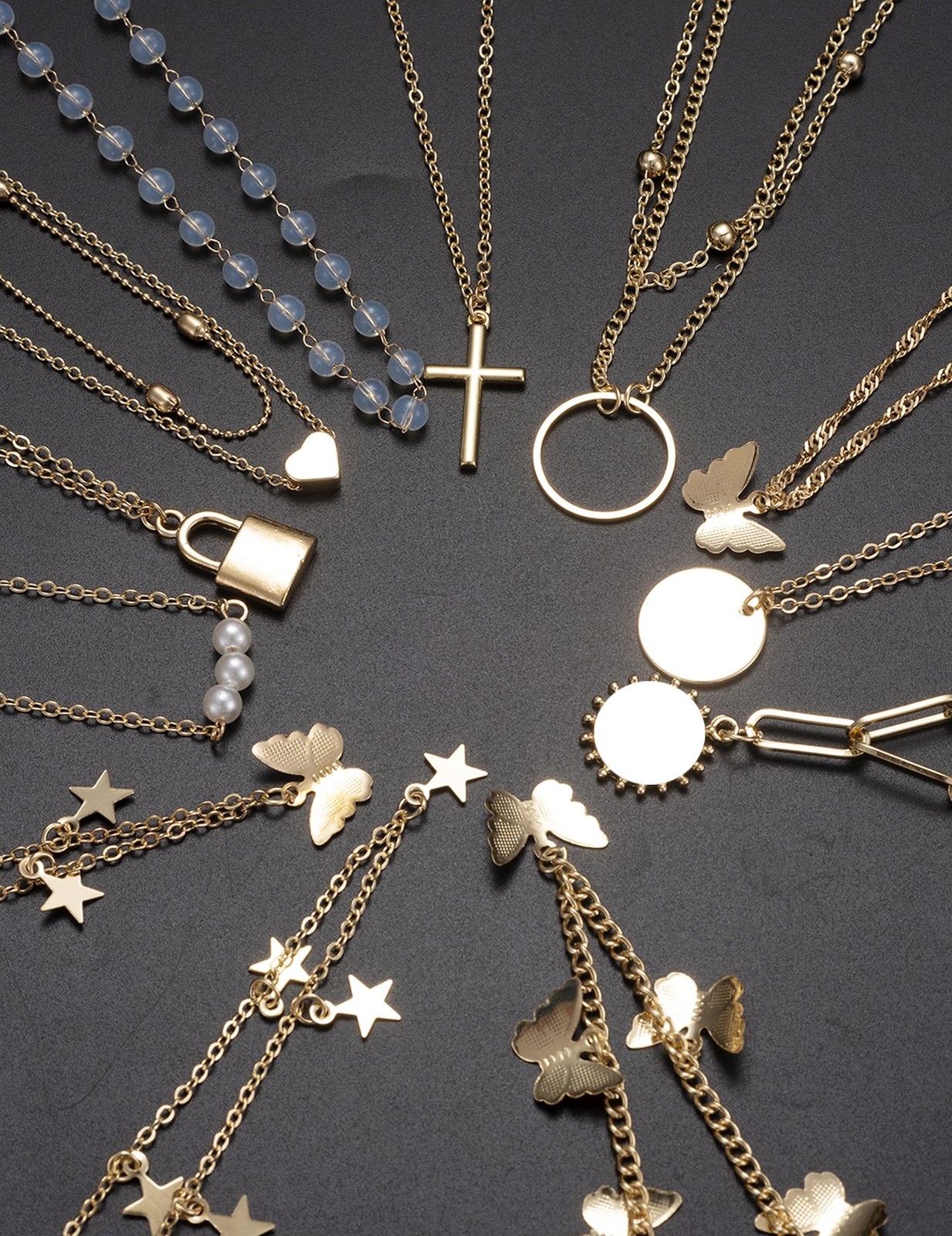 12pcs Chain Gold Bead Necklace Coin Moon Star Pearl Pendant Chain Choker Mult…