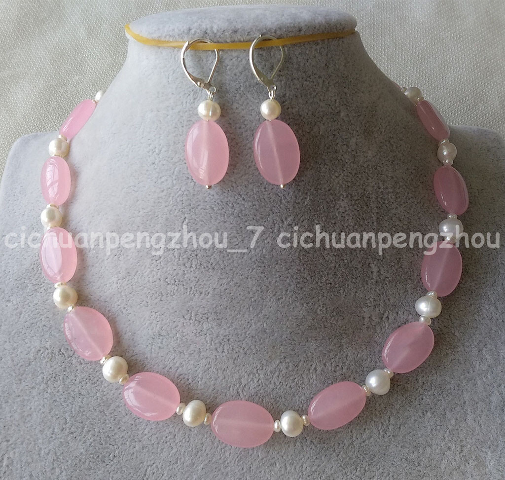 7-8mm White Freshwater Pearl 13x18mm Pink Jade Necklace Earrings Set 18-36”