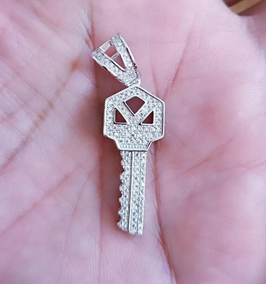 1Ct Round Cut Simulated Diamond Men’s Key Charm Pendant 14K White Gold Plated