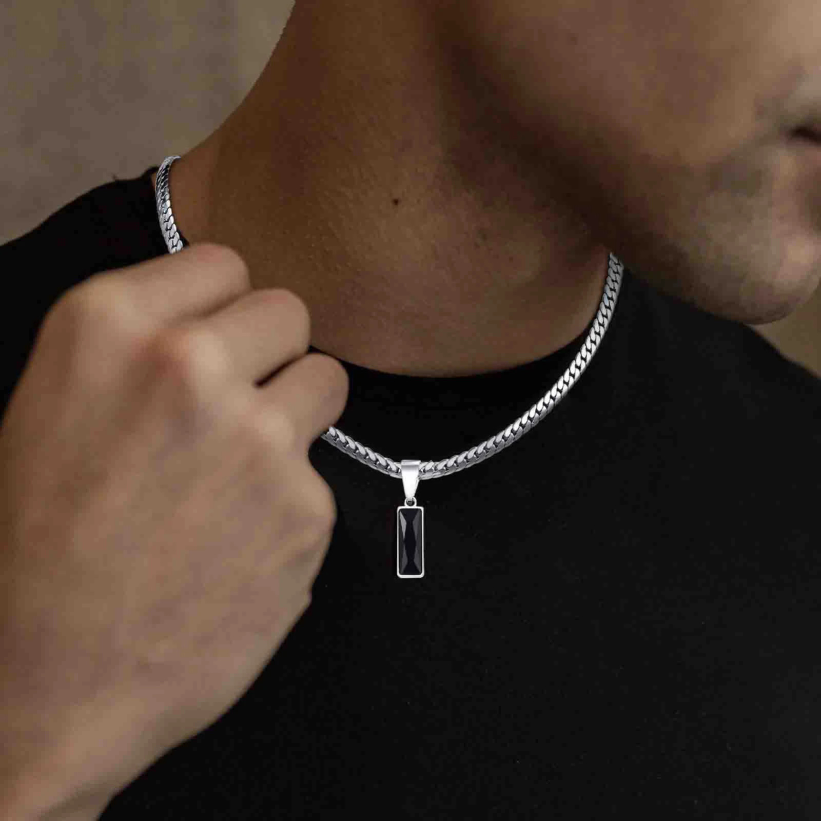 Men’s Stainless Steel Geometric Pendant Necklace Silver Cuban Chain Hip Hop