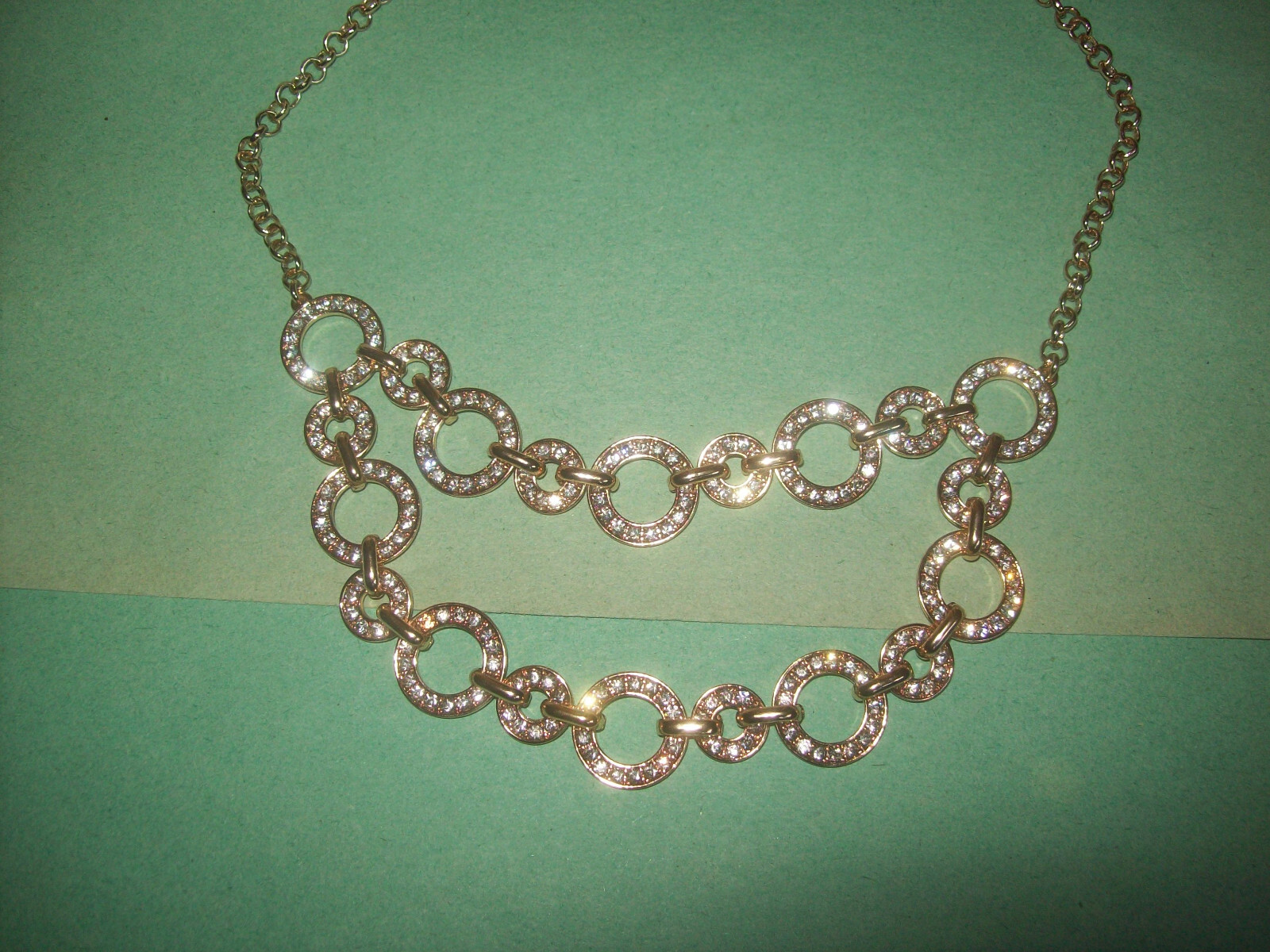CHARTER CLUB 2 STRAND GOLD TONE CONNECTED RINGS SPARKLING RHINESTONES NECKLACE