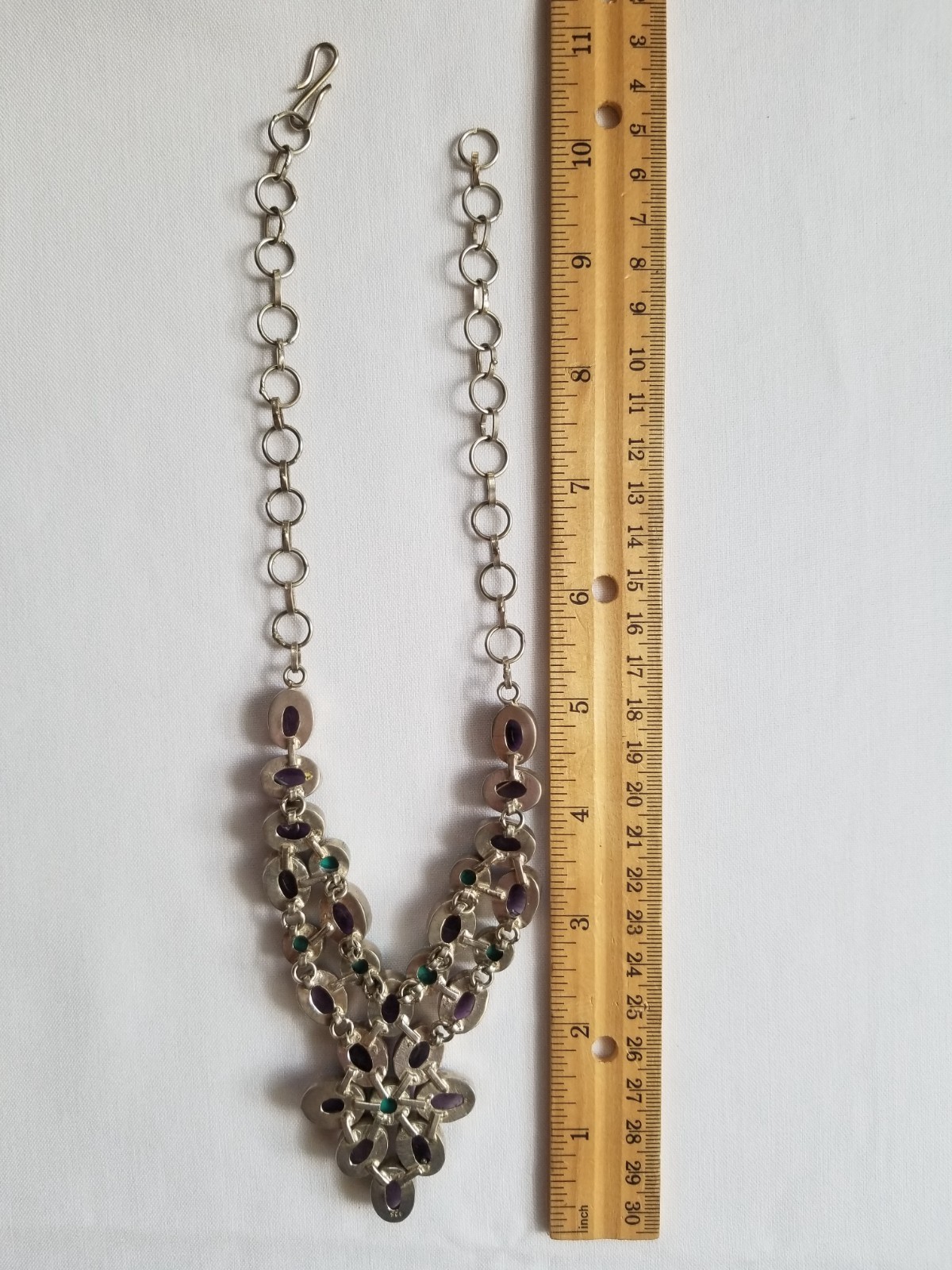 Multi Gemstone Flower Bib Statement Necklace Silver Amethyst Turquoise Handmade