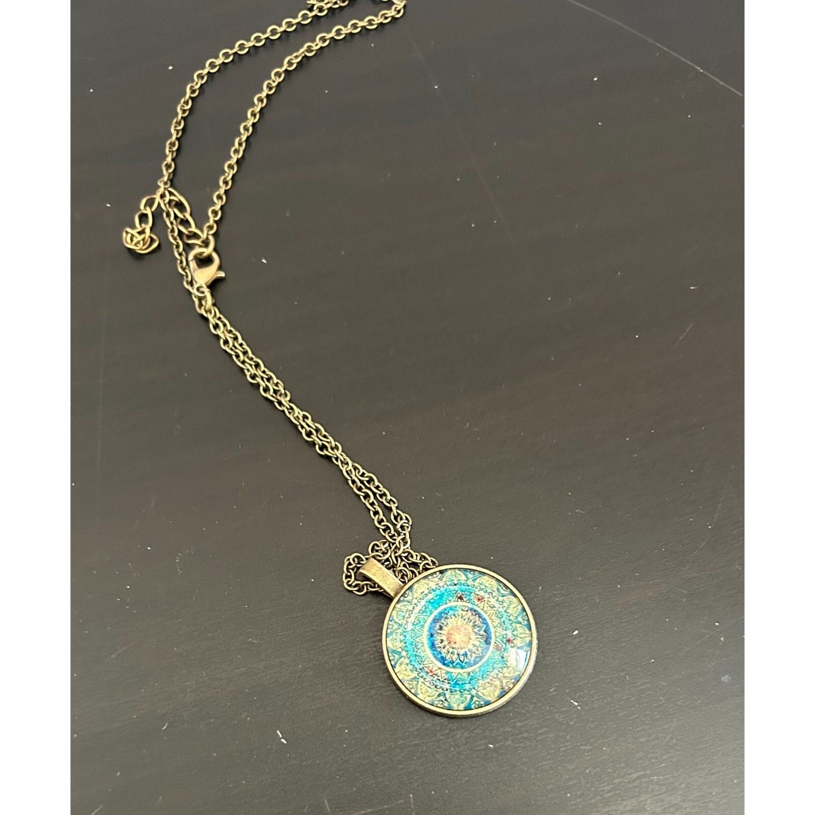 Kaleidoscope Pendant Chain Necklace Gold Tone Indian Mandala Om Hippy Buddhist