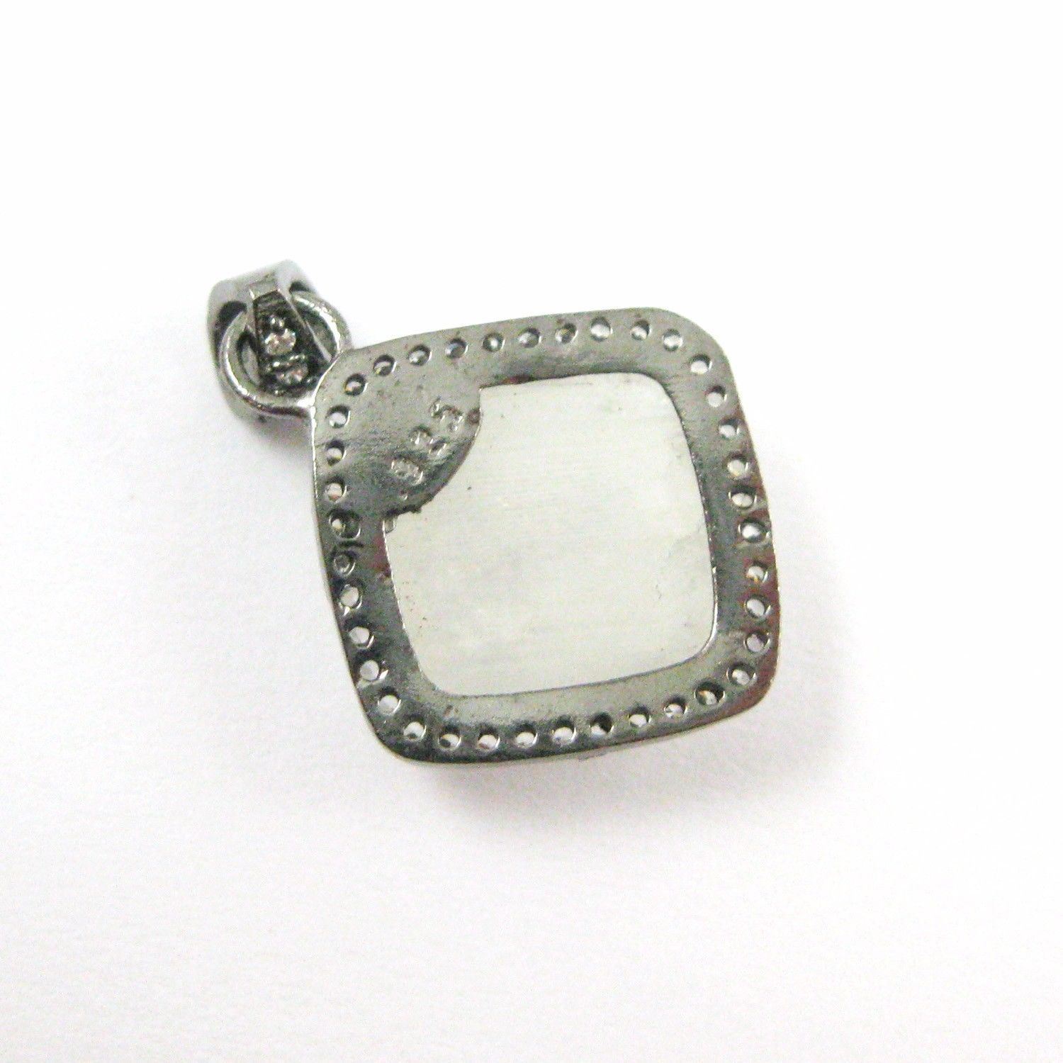 Oxidized Silver Moonstone Bezel Gem Pendant,Cubic Zirconia Pave 17mm