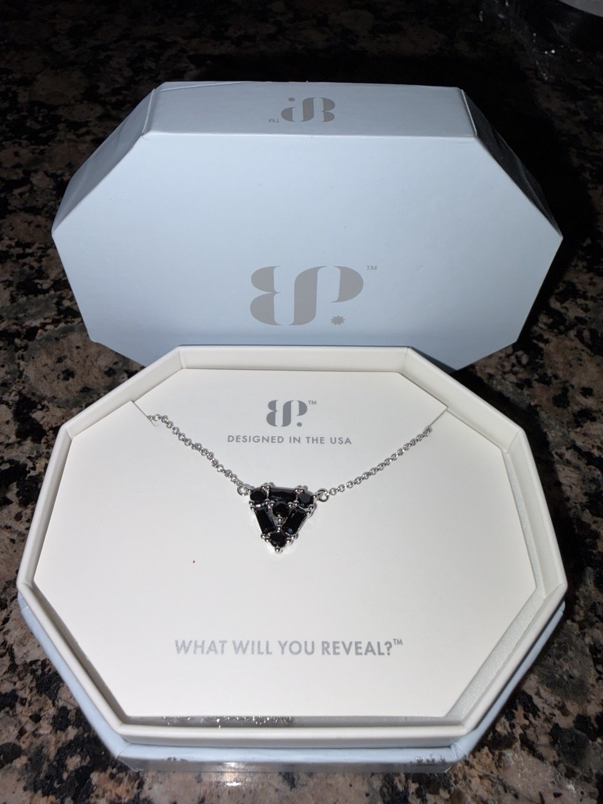 BP It Points To You Black Onyx CZ Pendant Necklace Rhodium Plated NIB