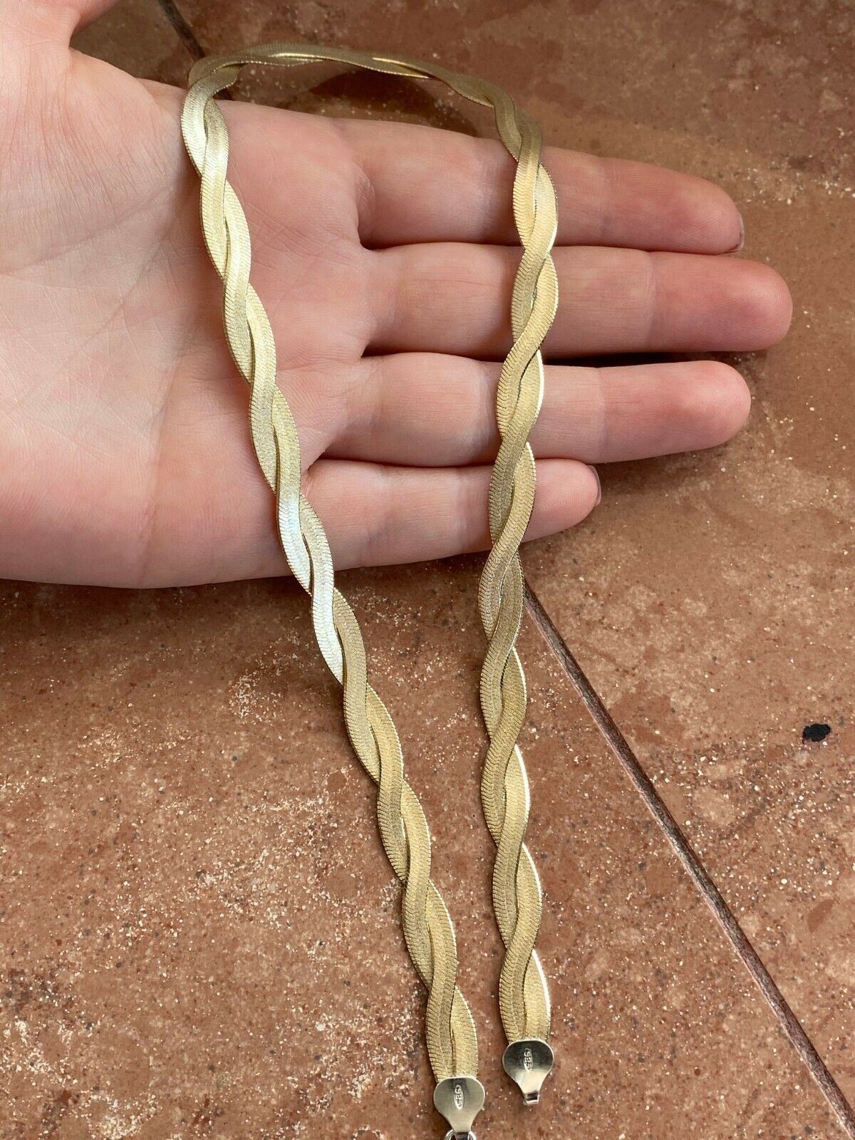 14k Gold Plated Solid 925 Silver Twisted Braided Herringbone Necklace 16-20″