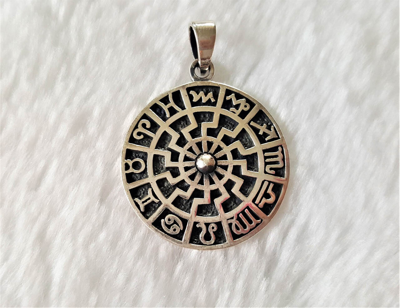 Sun Wheel Pendant 925 Sterling Silver Black Sun Occult Talisman Horoscope Zodiac