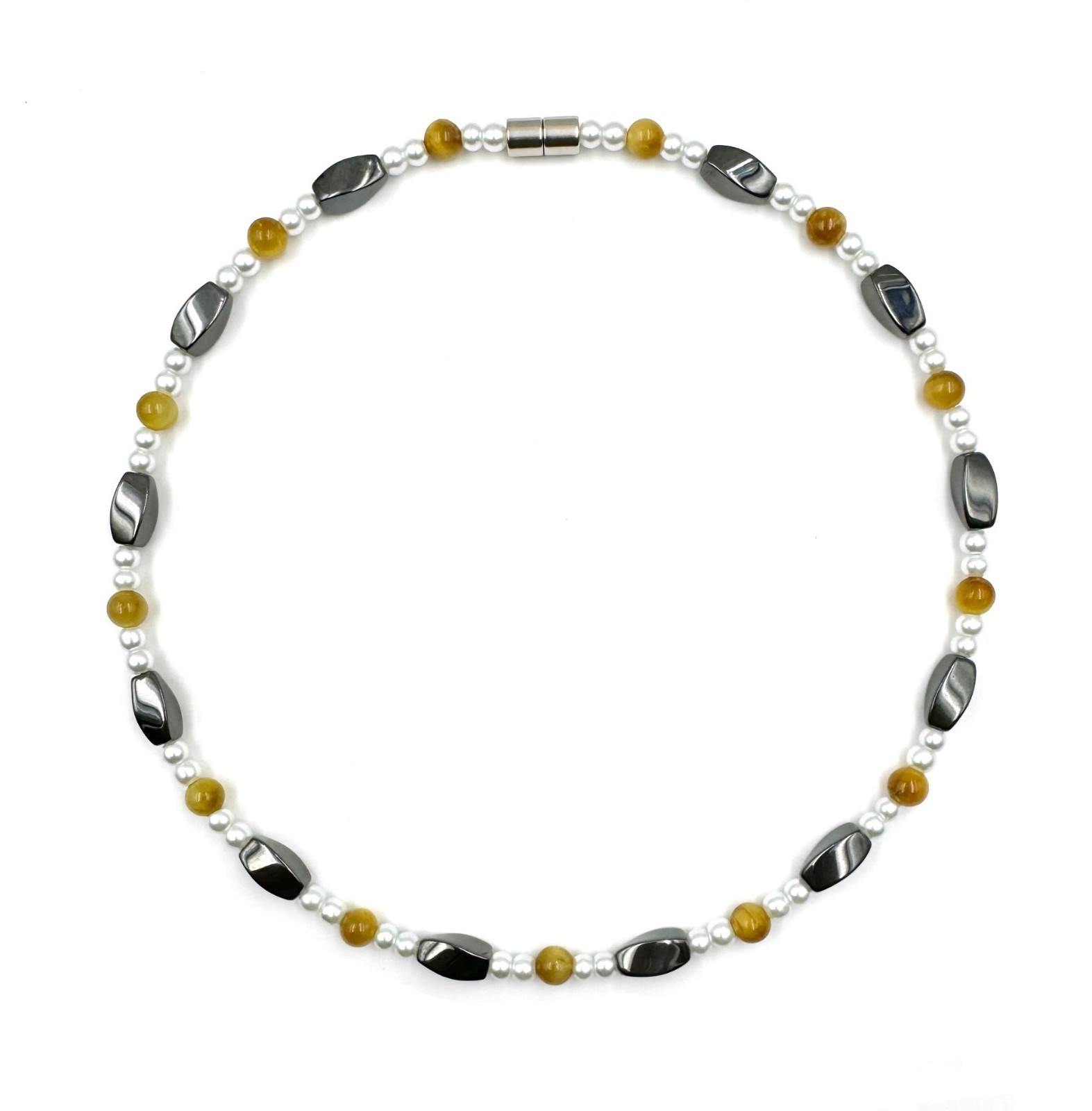 Pearl and Tiger-eye Magnetic Necklace with All Hematite Magnetic Beads for Women