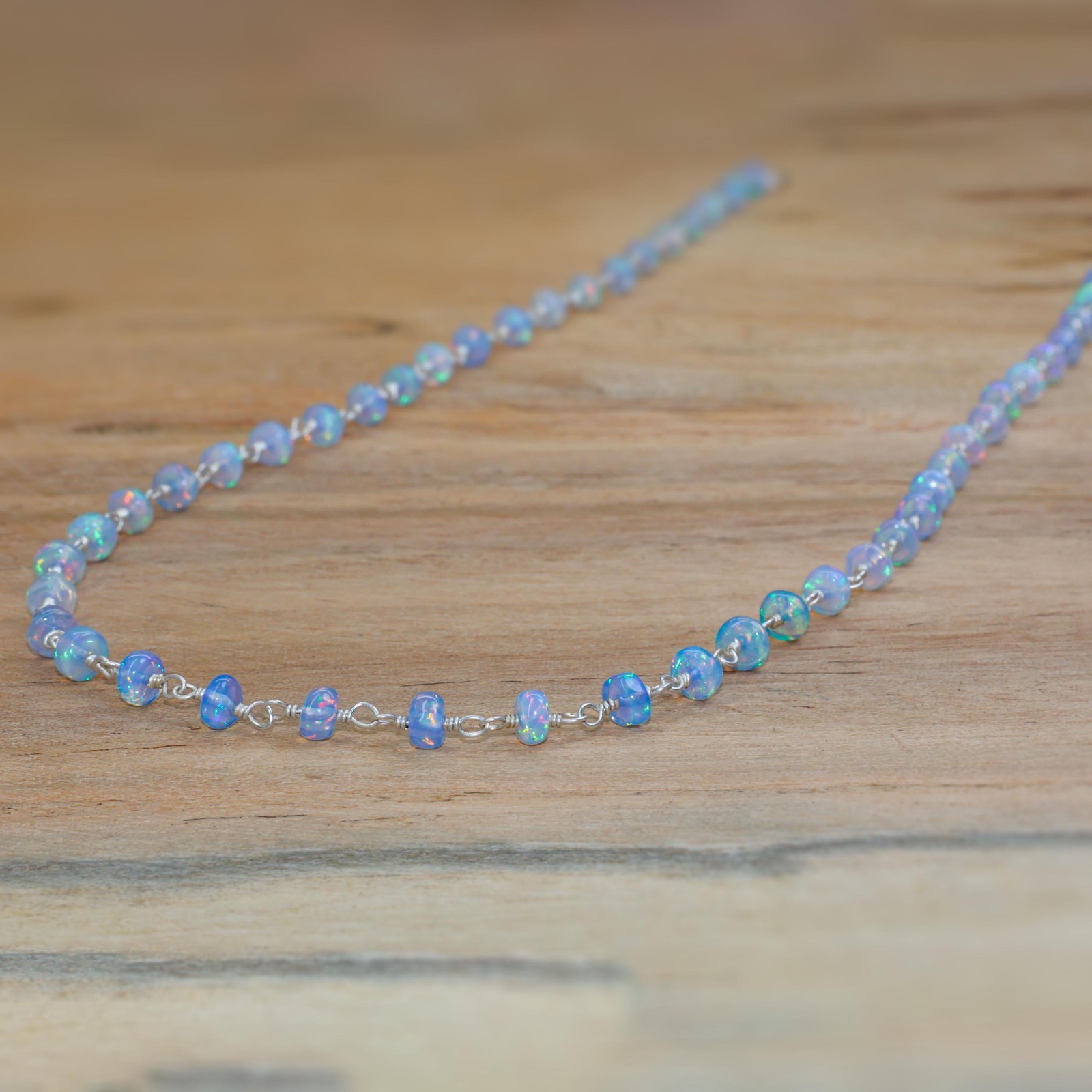 Multifire Blue Opal Wire Wrap Necklace, Fire Opal Beaded Necklace, Smooth Opal