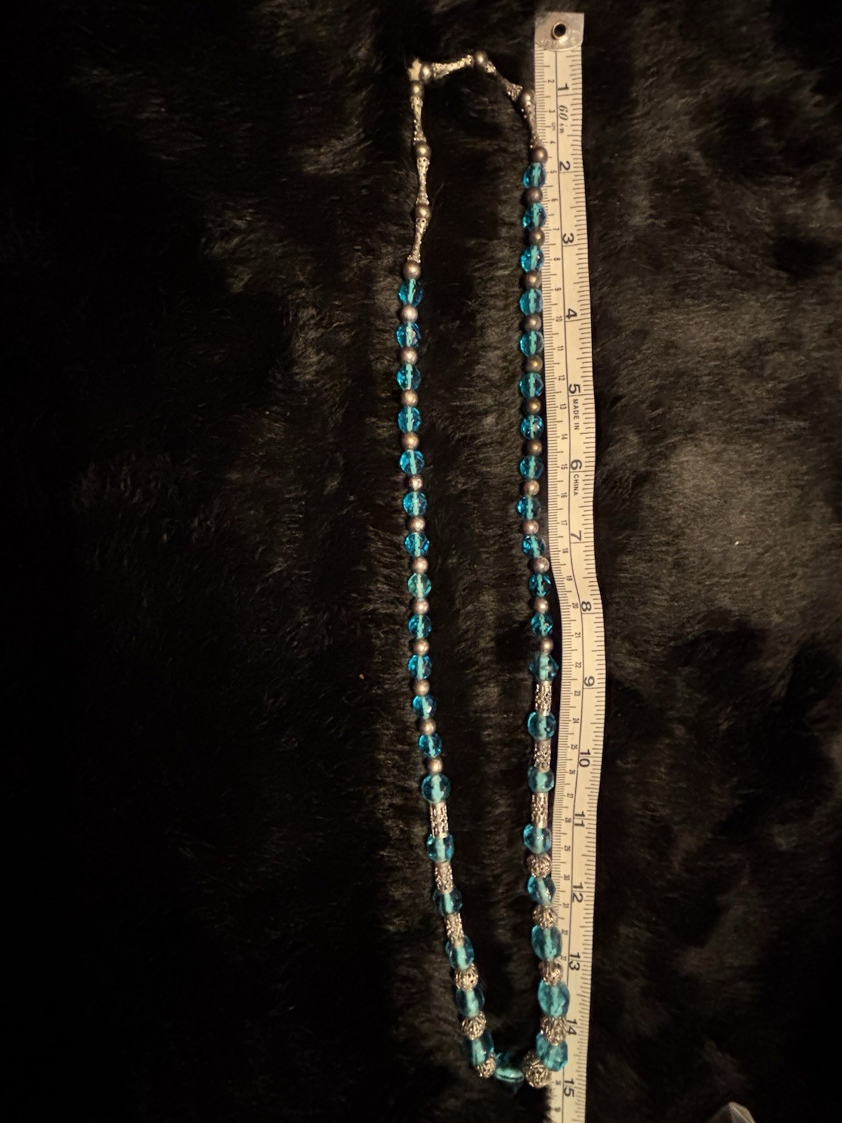 Blue Glass Beaded Strand Necklace Silver-Tone Spacer Beads Ball/Bead 30″