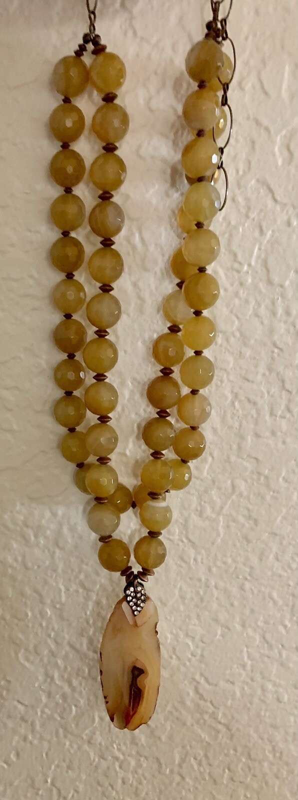 Artisan Made Agate Pendant Chunky Necklace With Hand Knotted Beads Golds Browns