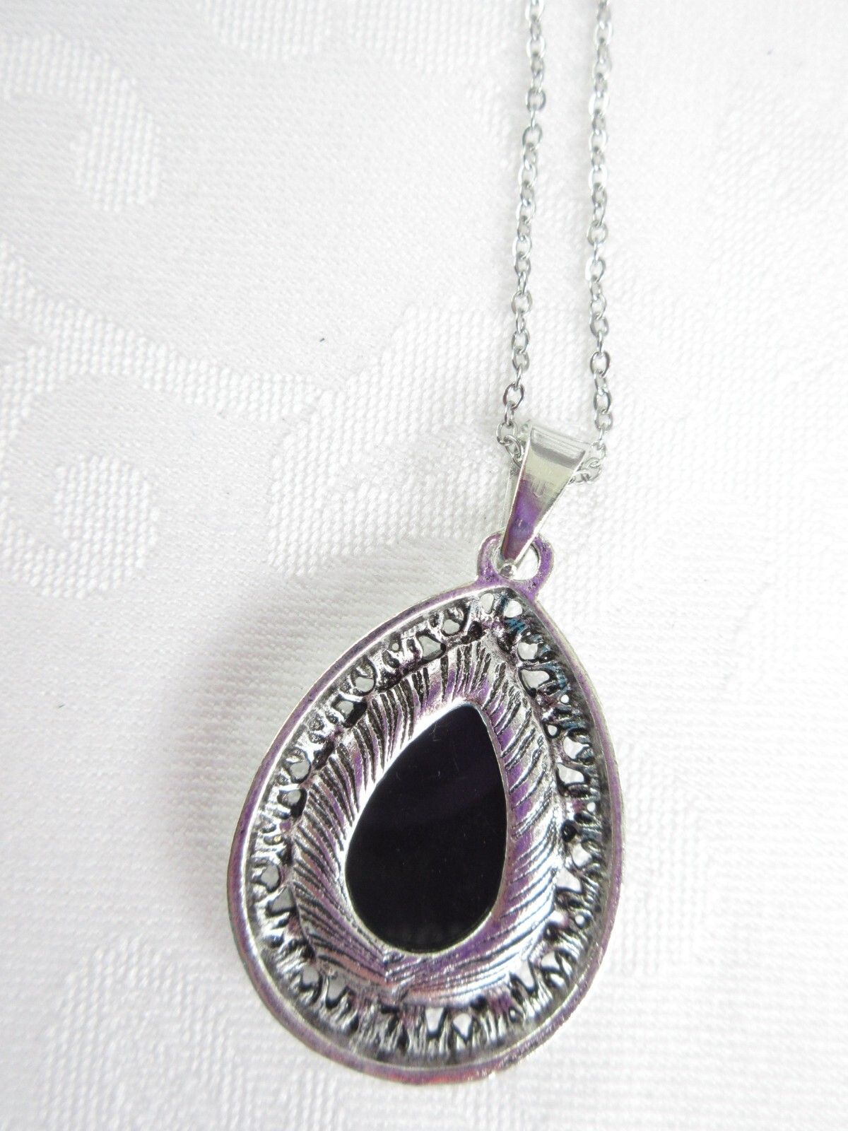 Abalone Shell Pendant Necklace Teardrop Silver Filigree Colorful Blue EXQUISITE