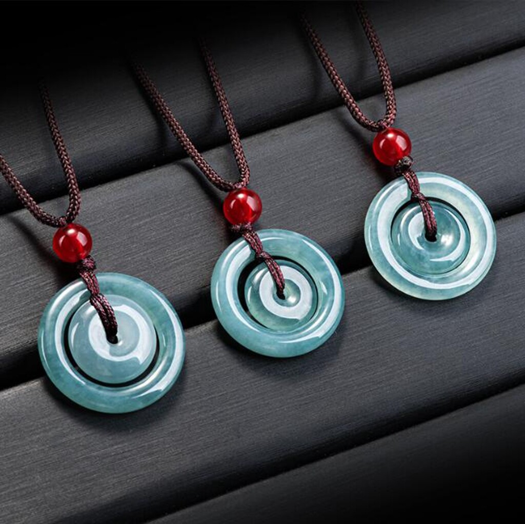 Certified Green Natural Burma A Jade jadeite Circle Donut Lucky Pendant Necklace