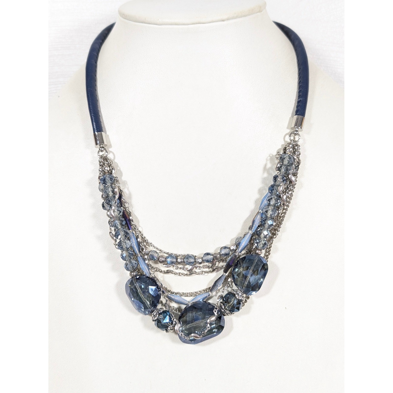 Blue Glass Bead Multi Chain Layered Statement Necklace Faux Leather 21″