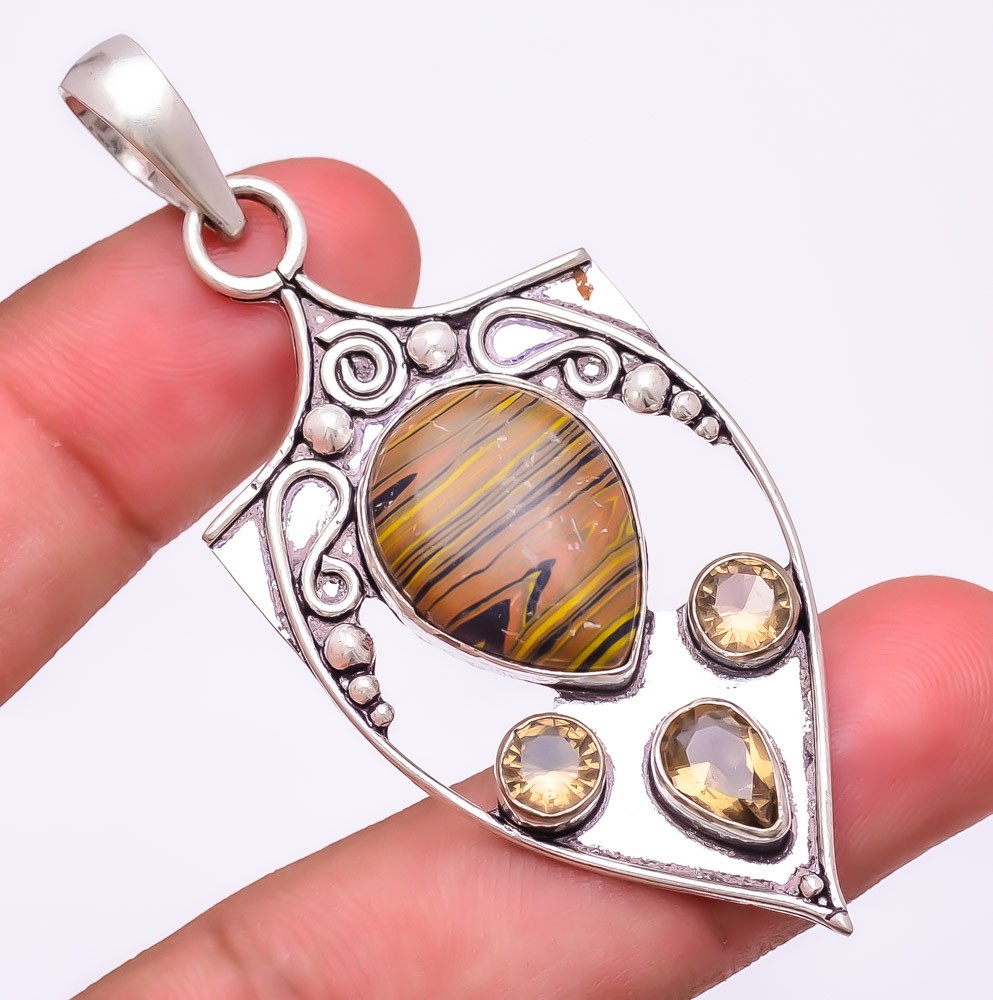 Tiger Rainbow Calsilica & Smokey Gemstone 925 Silver Plated Pendant 2.8″ F2