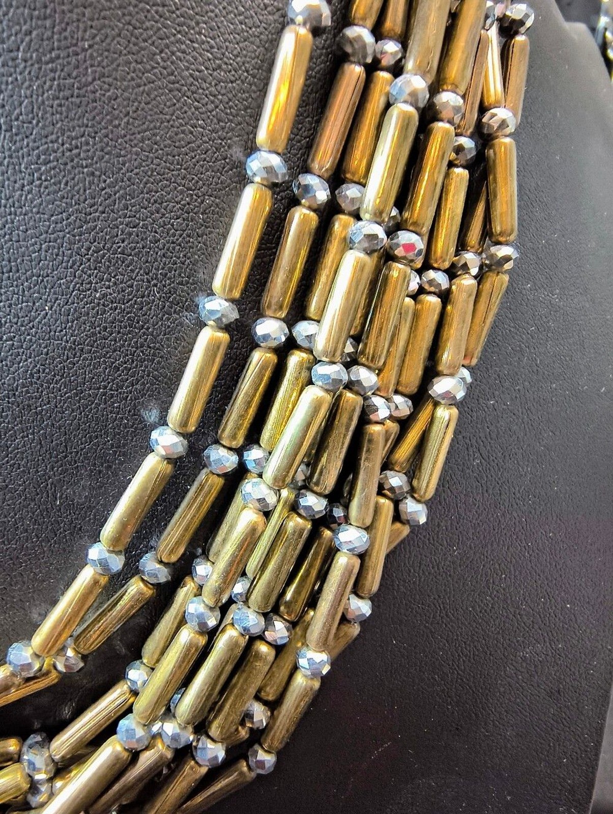 Chicos 10 Strand Statement Necklace Bronze Hematite Multi Layered Industrial