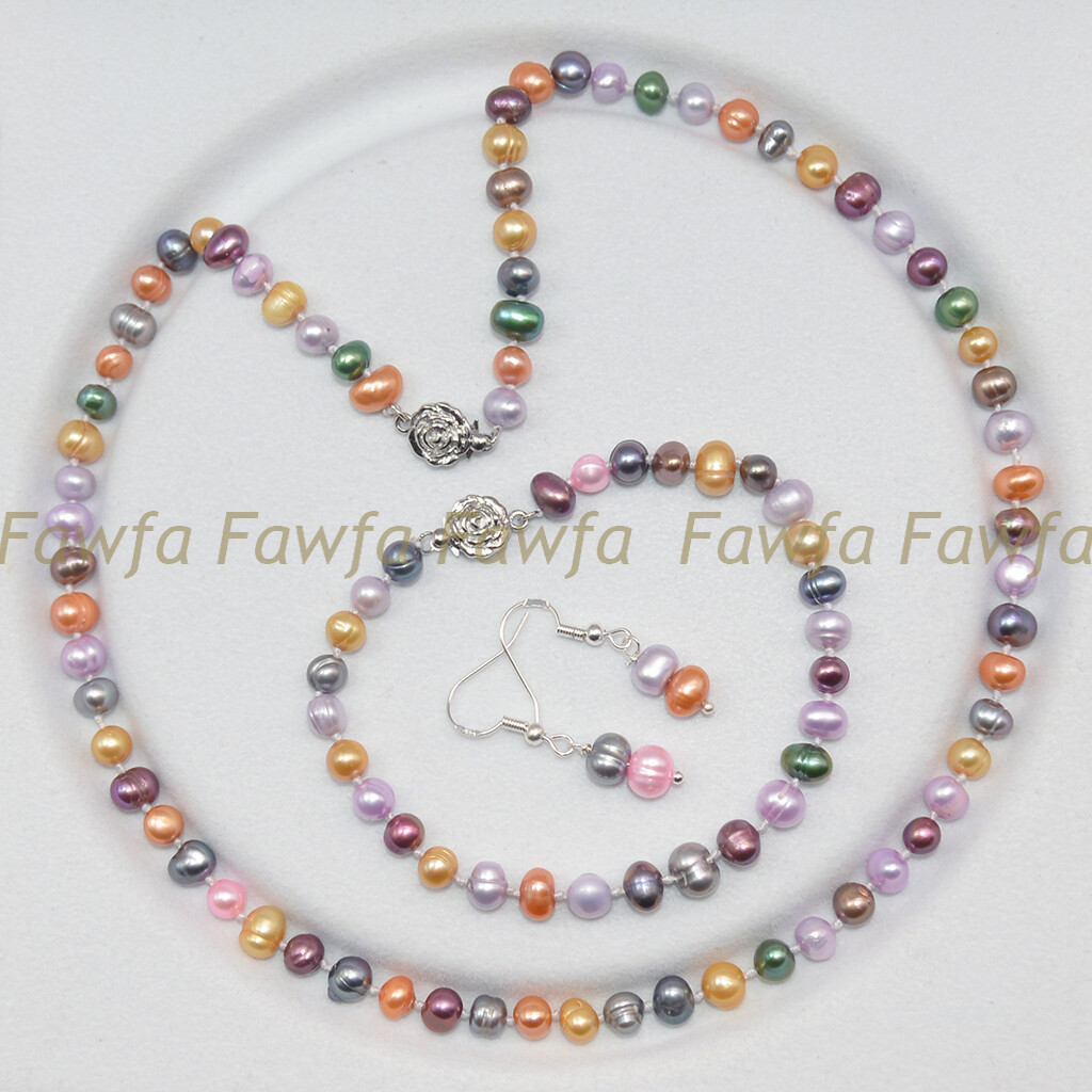 Natural Multicolor 6-7mm Freshwater Pearl Necklace Bracelet Earrings Jewelry Set