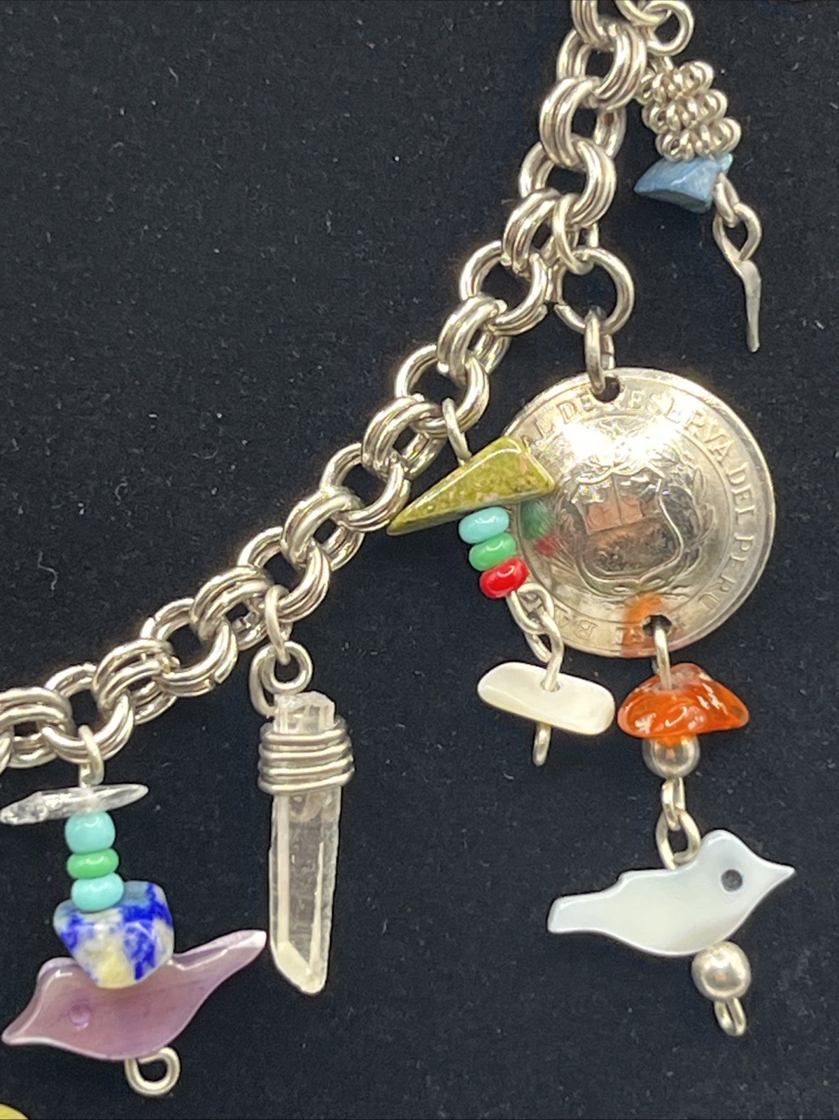 Peruvian Artisan Bird Charm Necklace Mixed Stone Peru Coin Boho Folk Art