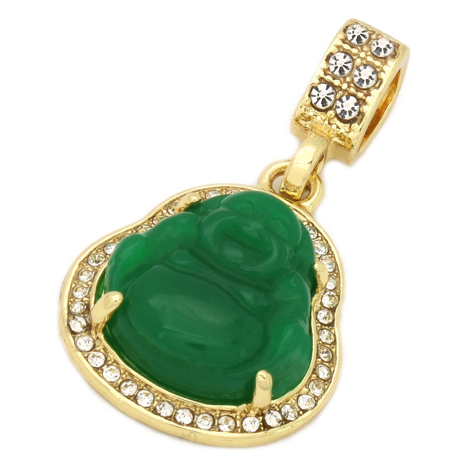 14k Gold Plated Green Jade Buddha Pendant Iced Cubic Zirconia 24″ Figaro Chain