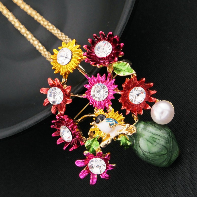 Fashion Women Colorful Enamel Cute Flower Vase Crystal Pendant Necklace