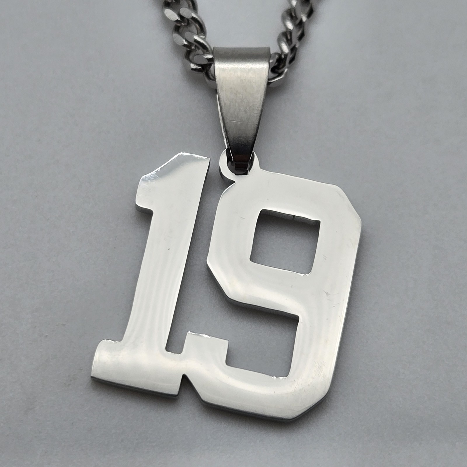 #19 BASEBALL FOOTBALL NUMBER Pendant Charm / 18″-24″ STAINLESS CHAIN NECKLACE