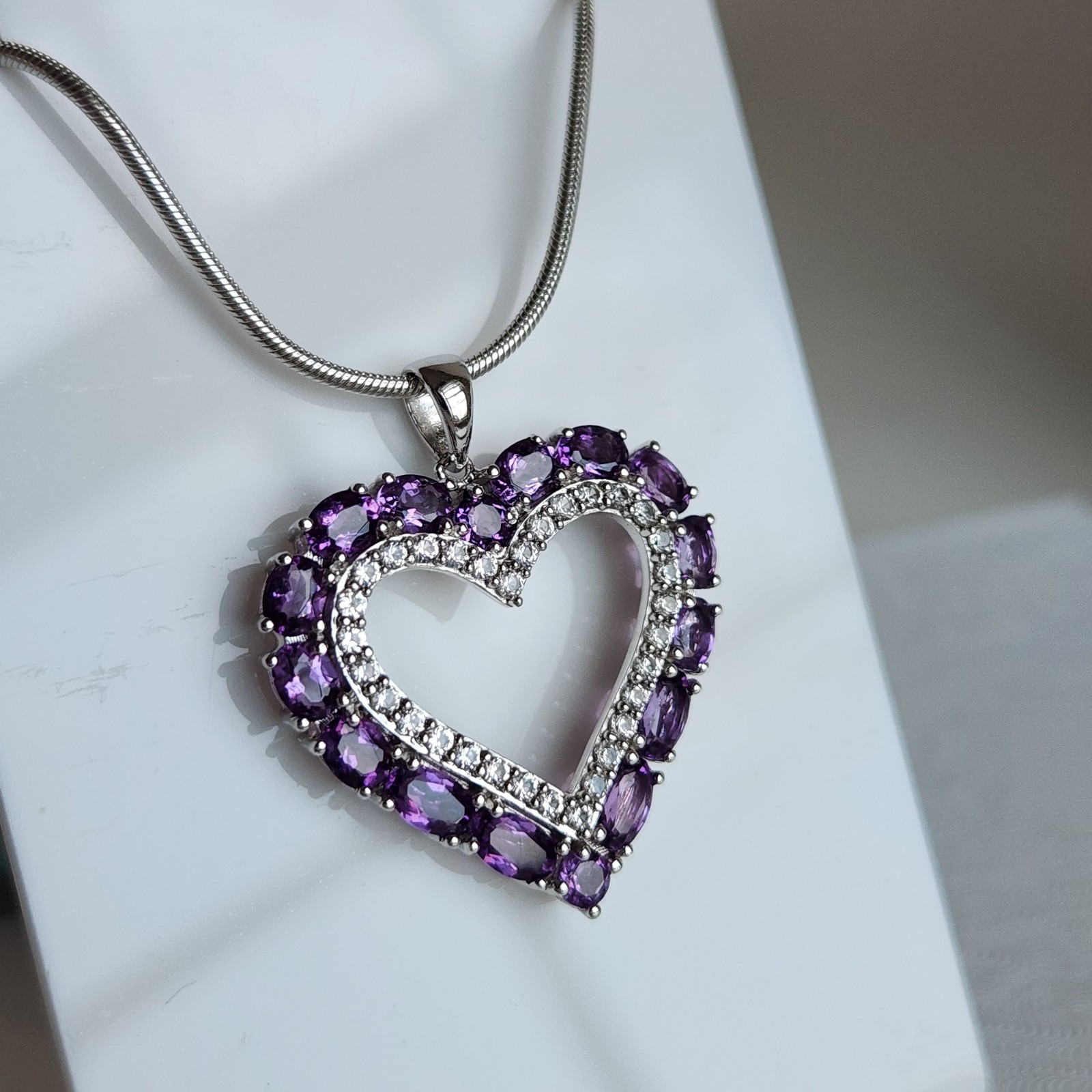 Heart Pendant 3 Ct Natural Amethyst and Mined Diamonds 925 Sterling Silver